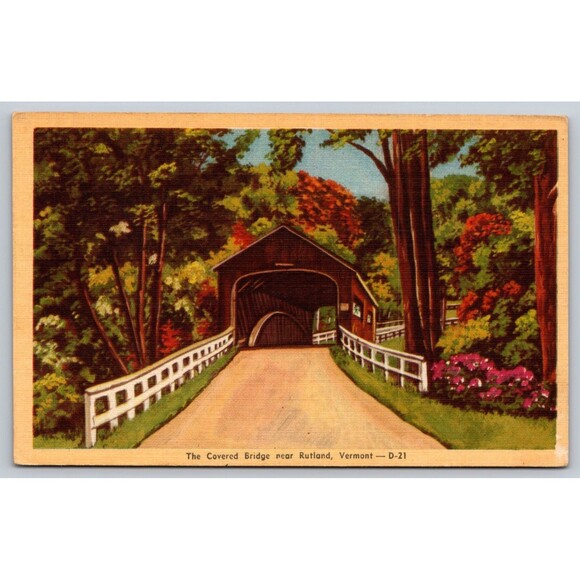 Postcard Vermont Rutland Covered Bridge Linen Unposted c1940s VT - Picture 1 of 2
